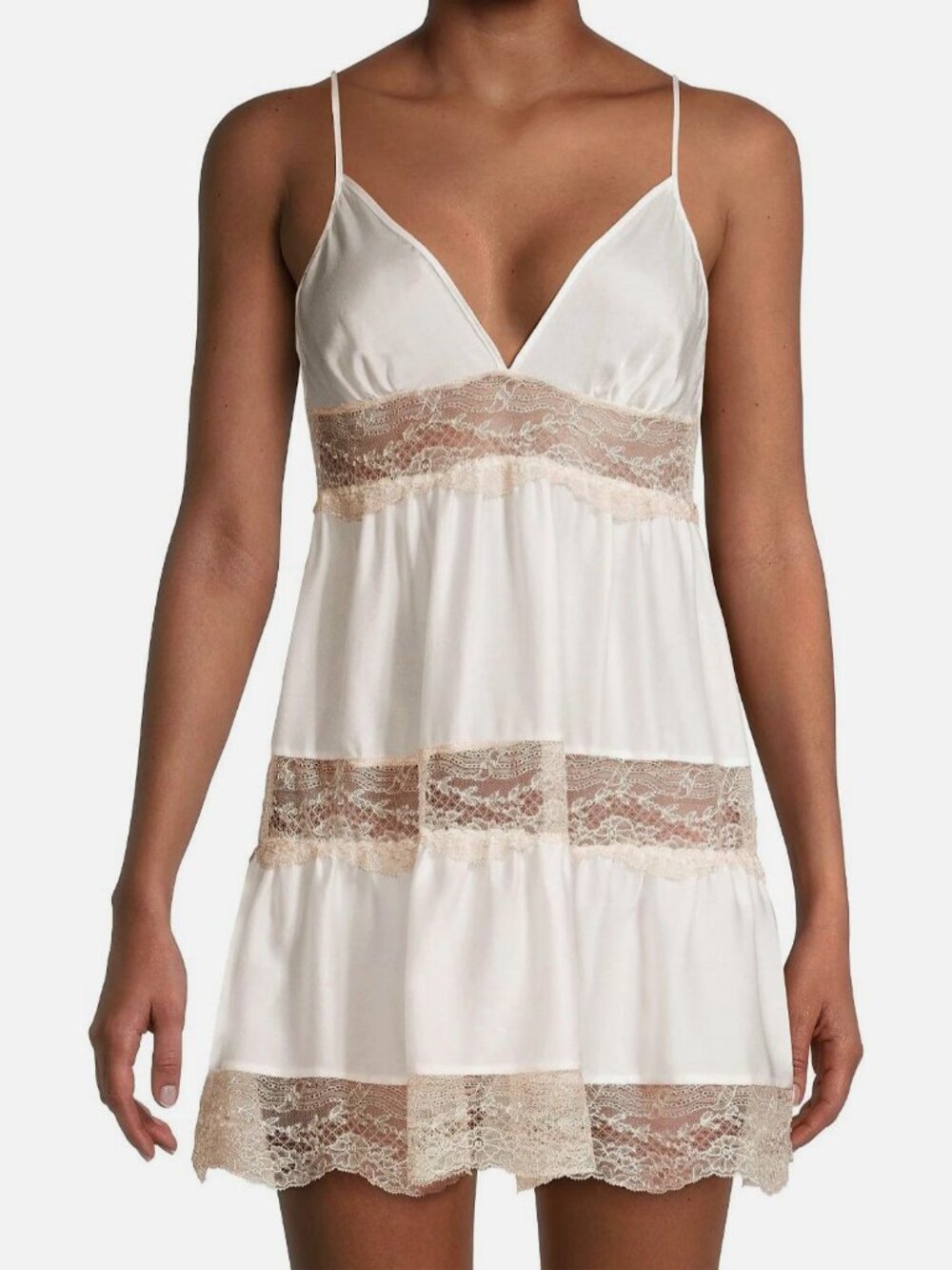 Kiki De Montparnasse Women's Ivory Silk Lace Tiered Night Gown Sleepwear Size M